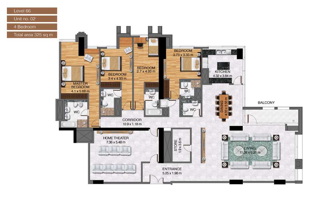 Level-66,Unit-no-2-,4-Bedroom-,Size-325-Sq m